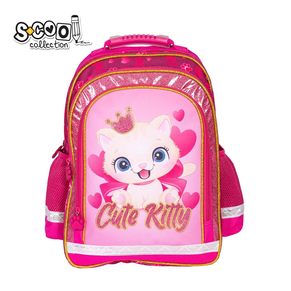 Ghiozdan ergonomic CUTE KITTY, 6-11 ani, 2 compartimente, maner transport, spate buretat, benzi reflectorizante, roz - imagine 13